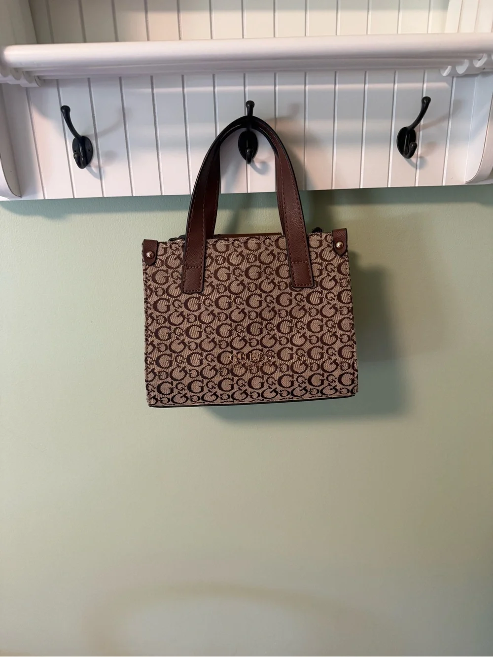 Guess Brown Monogram Satchel with Dark Brown Handles